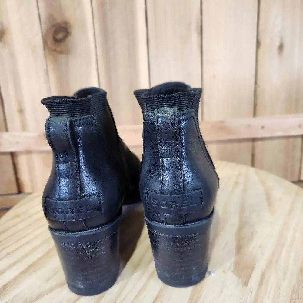 Sorel Cate Chelsea Ankle Boots Womens 6.5 Black Leather Pull On Booties Winter
